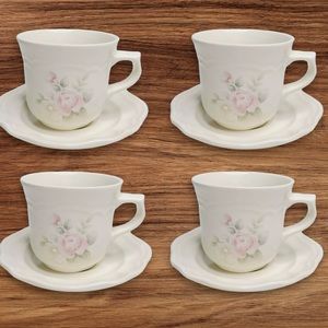 Pfaltzgraff Tea Rose: Stoneware - Set of 4 Flat Cups w/ Saucers